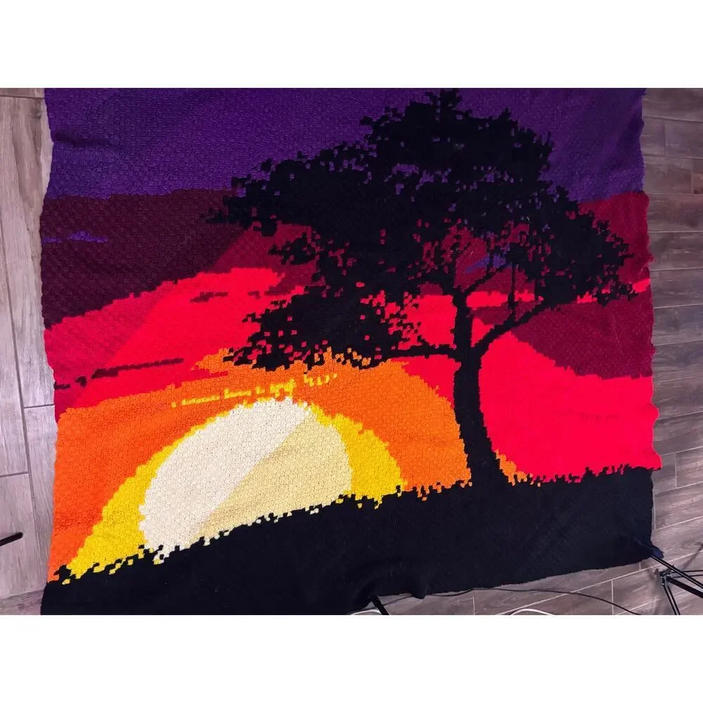 Vintage Crochet Summer Sunset Landscape‎ Afghan Tapestry Throw Blanket Handmade
